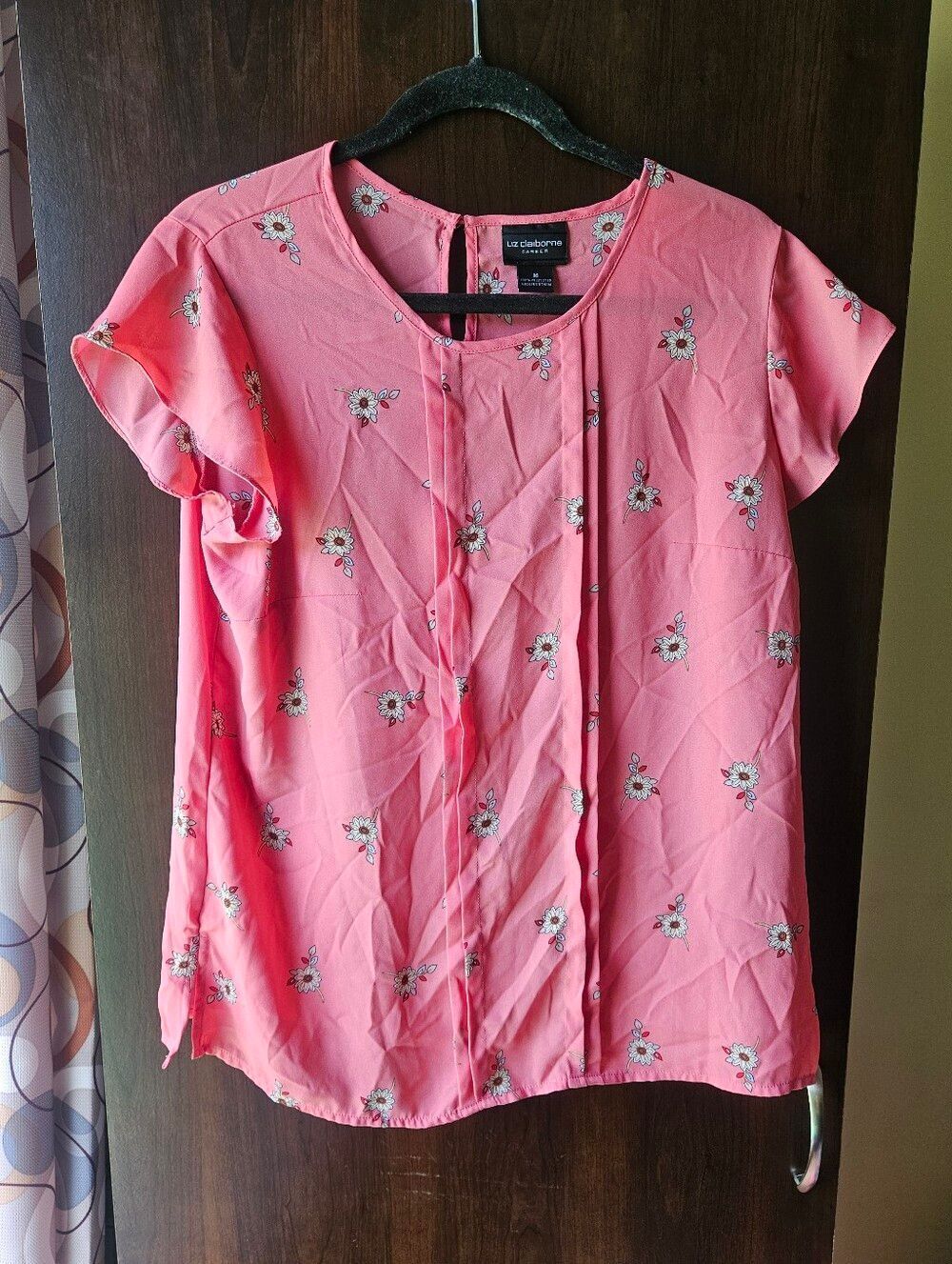 Liz Claiborne Pink Floral Flutter-Sleeve Blouse Size Medium